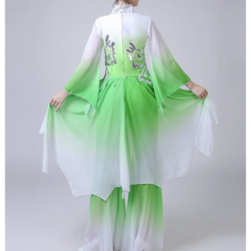Women's Chinese folk dance costumes green gradient ancient traditional fairy classical dance stage performance costumes dresses